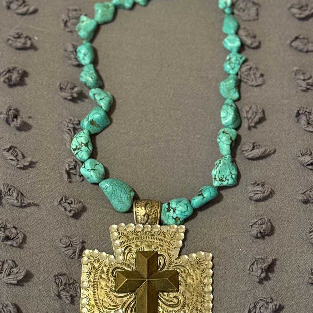 Turquoise and Gold Cross Pendant Necklace